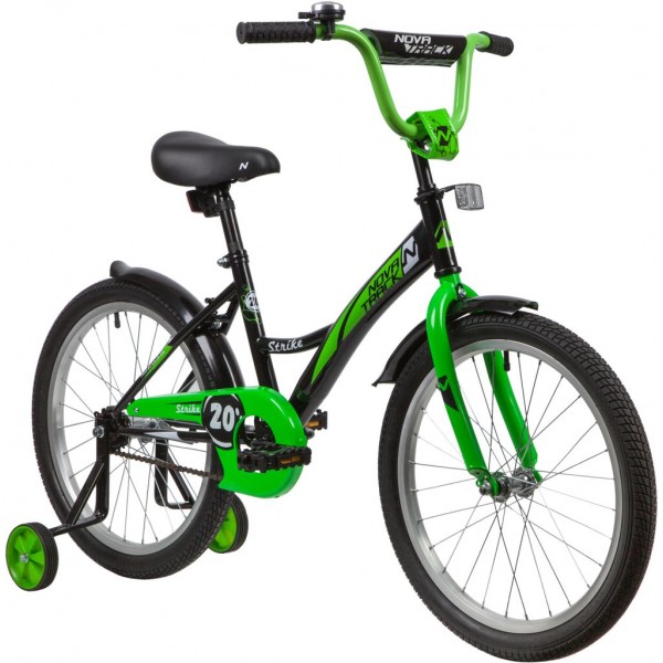 Велосипед NOVATRACK 20" STRIKE черный-зелёный, тормоз нож, крылья корот, защита А-тип (203STRIKE.BKG20)