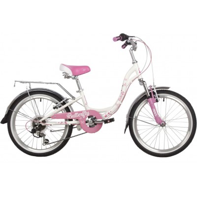 Велосипед NOVATRACK 20" BUTTERFLY сталь, белый-розовый, 6-скор, TY21/RS35/SG-6SI, V-brake, багажник (20SH6V.BUTTERFLY.PN22)