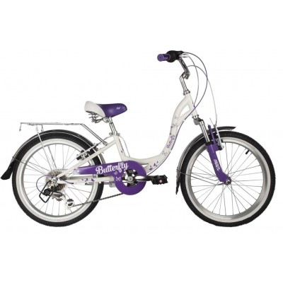Велосипед NOVATRACK 20" BUTTERFLY сталь, белый-фиолет., 6-скор, TY21/RS35/SG-6SI, V-brake, багажник (20SH6V.BUTTERFLY.VL22)